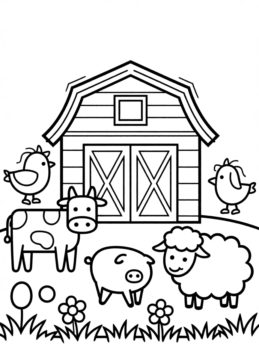 A farm with barn (rectangle with triangle roof) and geometric animal shapes