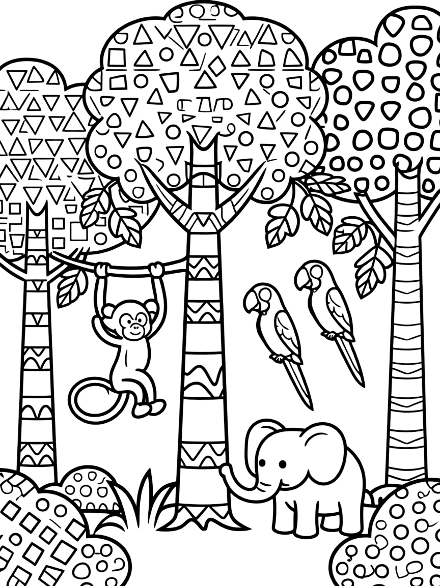 A jungle scene with trees of varying geometric patterns and shapes