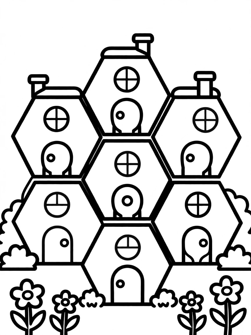 A beehive neighborhood of hexagonal homes with circular doors and windows