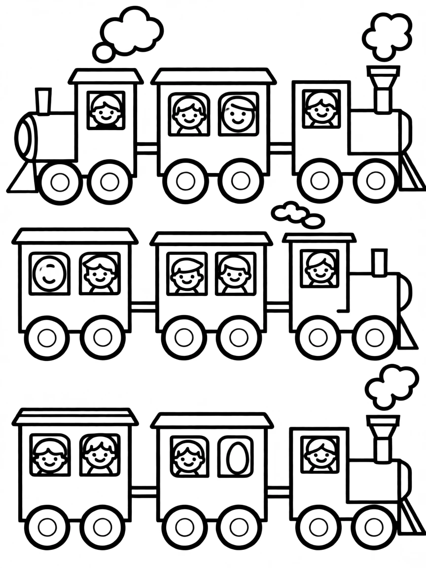 A train of connected geometric shapes carrying smaller shape passengers