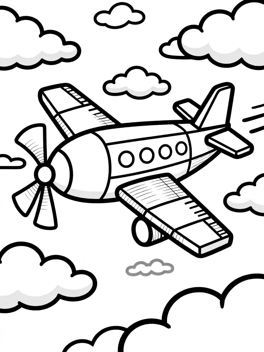 An airplane constructed from geometric shapes flying through cloud patterns