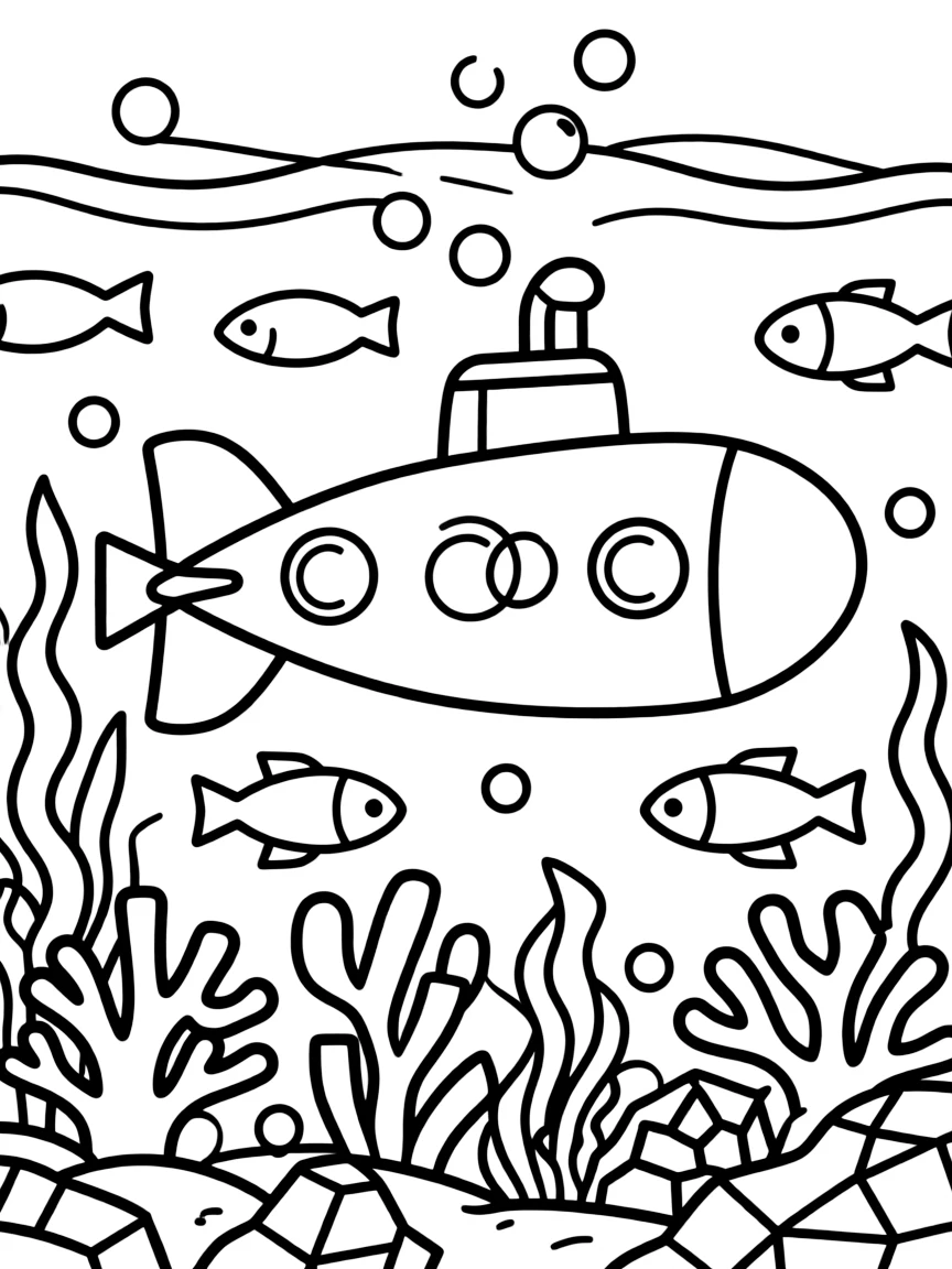 A submarine made of ovals and rectangles exploring an underwater geometric world