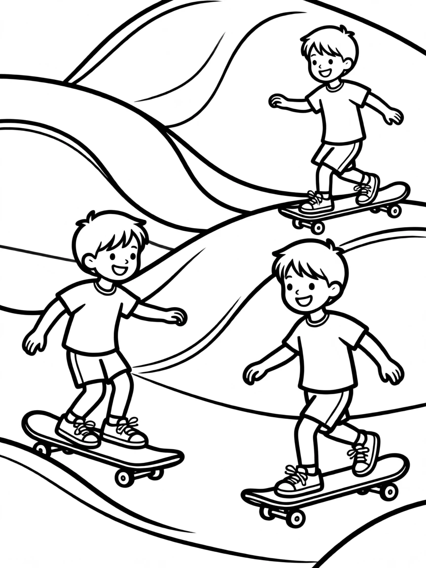 Shape characters riding skateboards along ramps made of curved forms