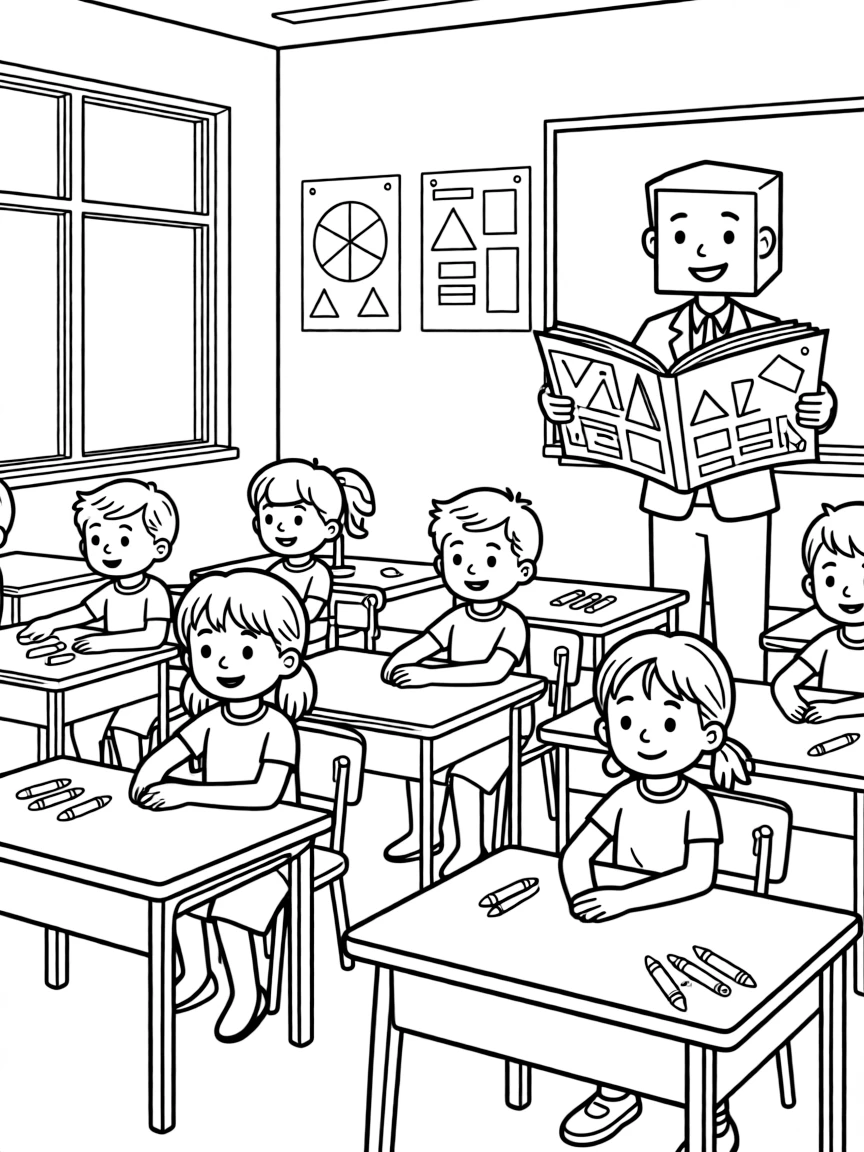 Shape characters in a classroom learning about colors from a square teacher