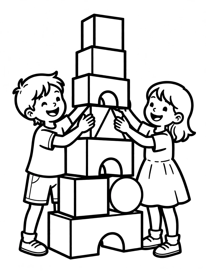 Shape characters building a structure by stacking geometric blocks