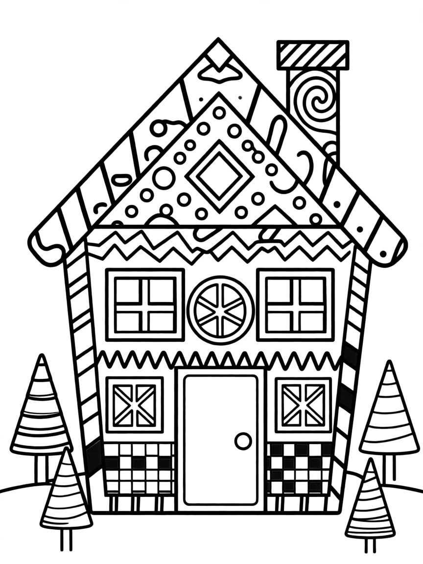 A gingerbread house constructed entirely from geometric shapes and patterns
