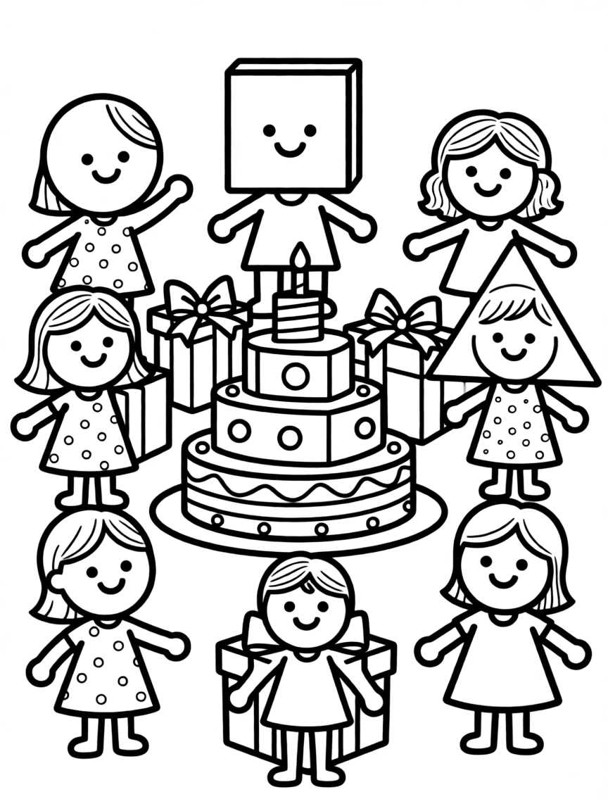 A birthday party with shape characters, a cake made of stacked geometric forms, and gift boxes