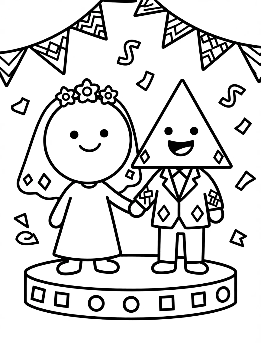 A wedding between two complementary shape characters with geometric decorations