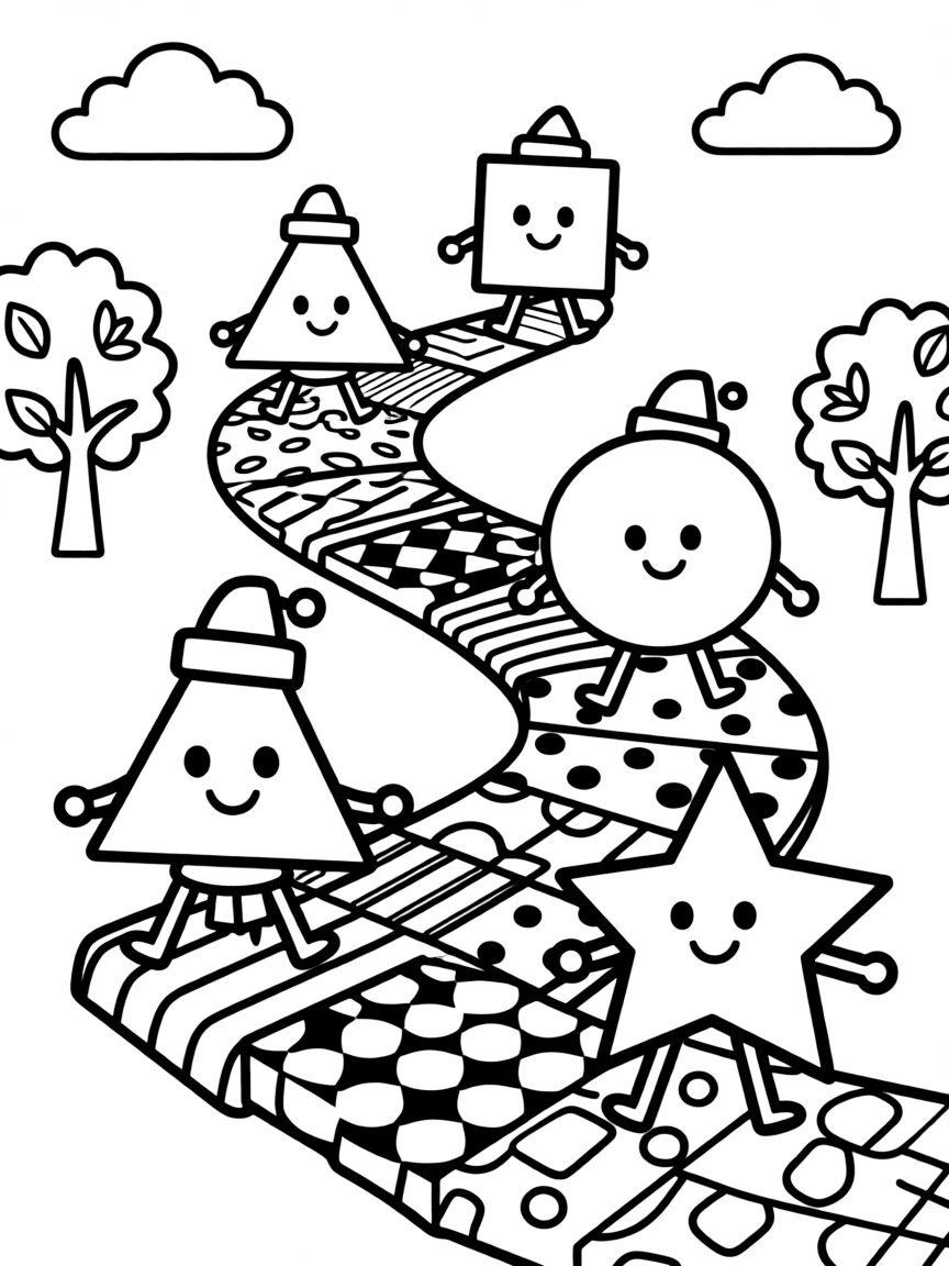 A parade of shape characters marching along a path of pattern blocks