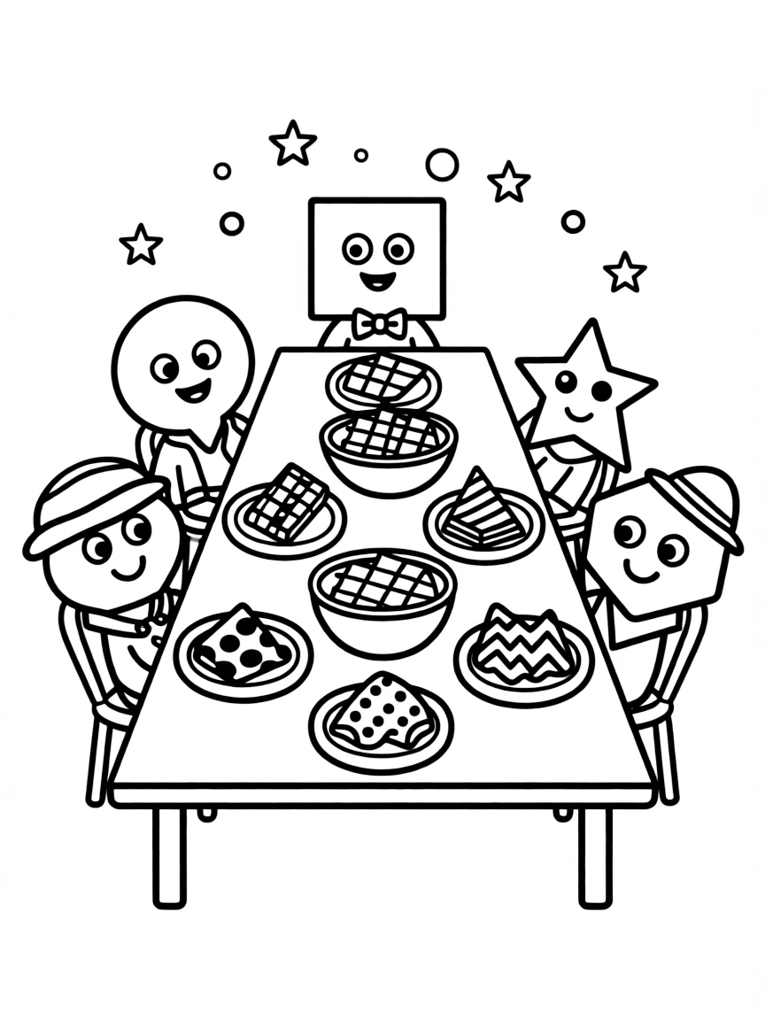 A geometric feast with a long table of shape characters sharing pattern foods