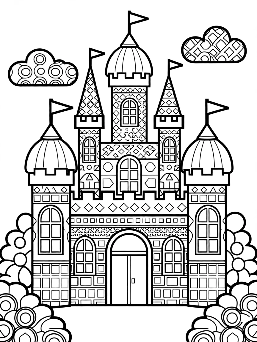 A fairy tale castle constructed entirely from geometric patterns and shapes