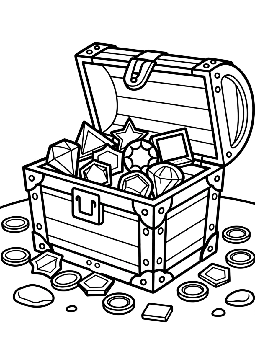 A treasure chest overflowing with geometric jewels and shape coins