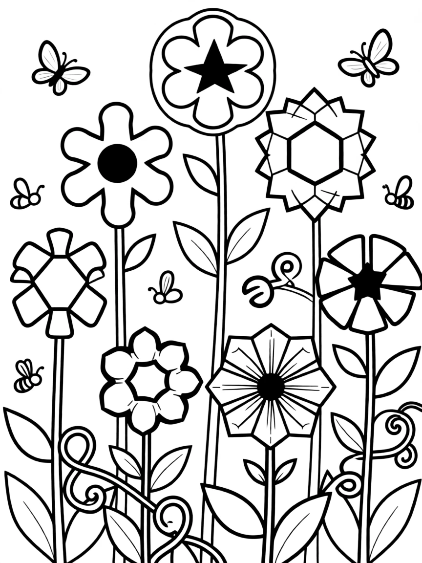 A magical garden where geometric flowers transform into different shapes