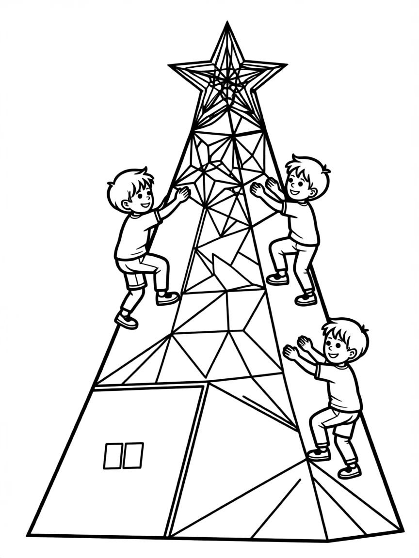 Shape characters climbing a mountain made of increasingly complex geometric forms