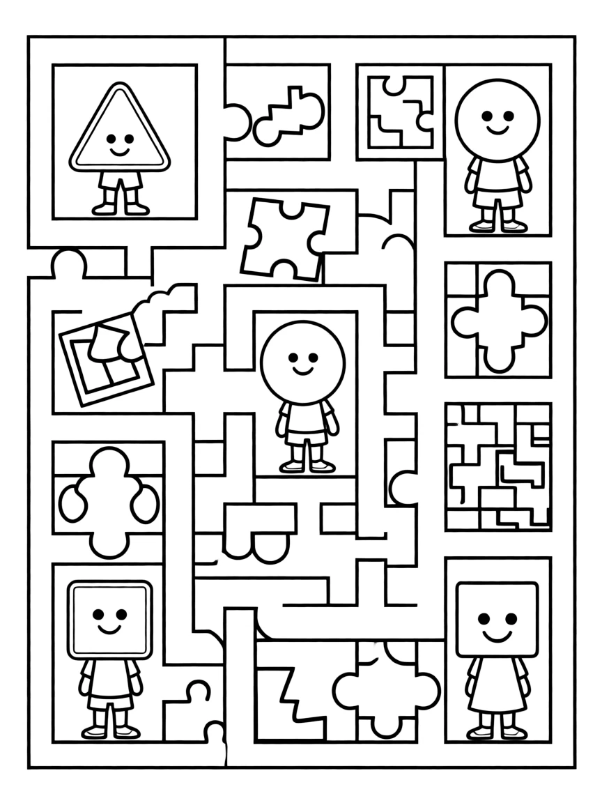 A journey through a geometric maze with shape characters facing puzzles