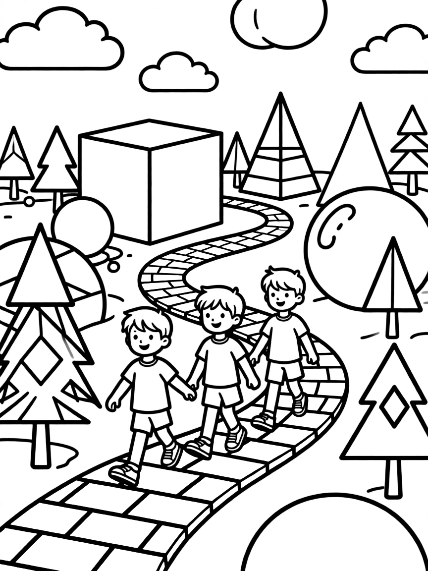 Shape characters following a yellow brick road through a land of geometric wonders