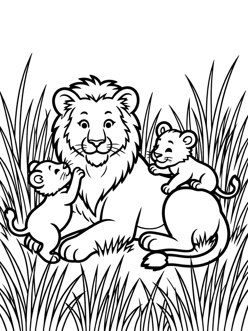 A lioness playing with her cubs in tall grass.