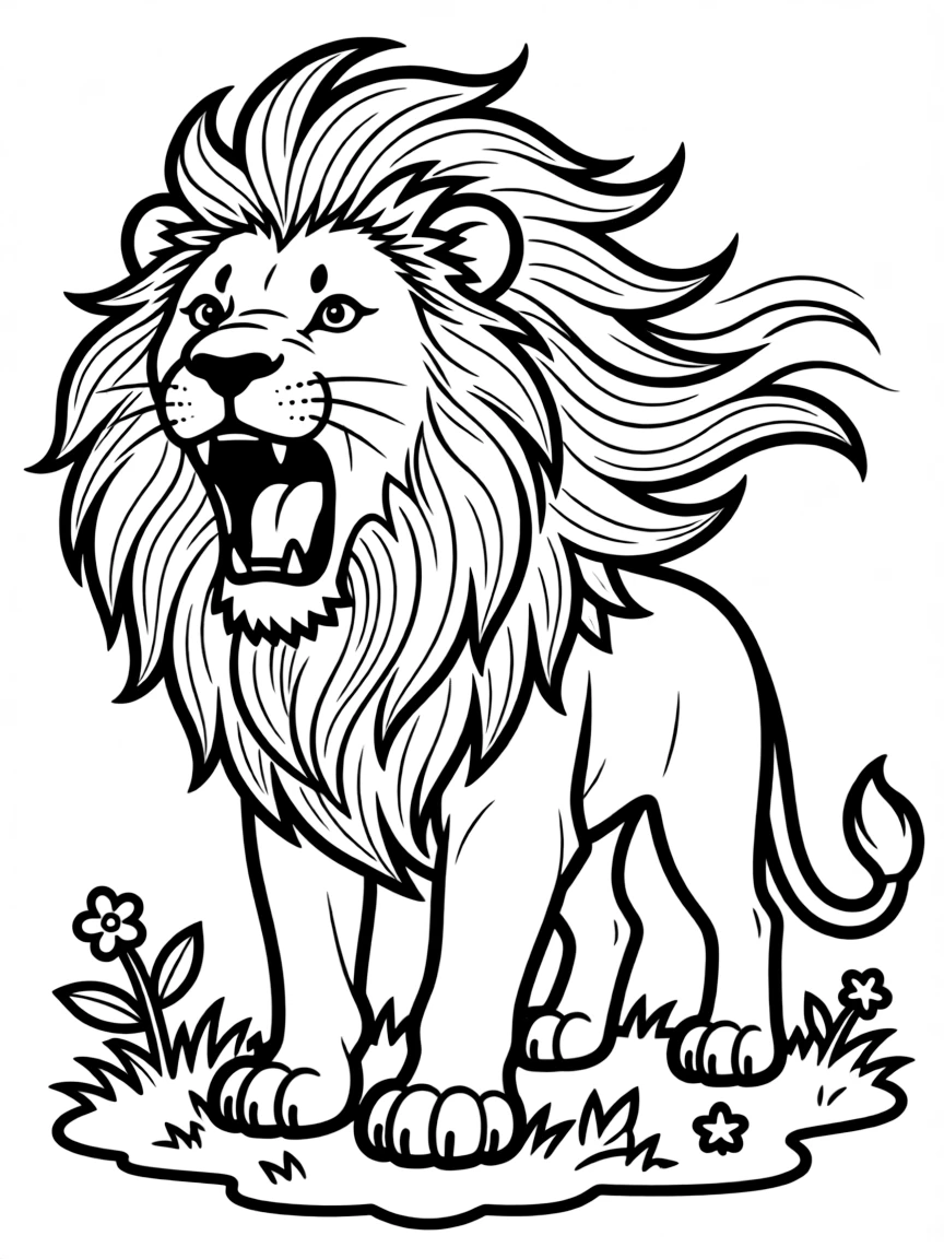 A roaring lion with a detailed mane blowing in the wind.
