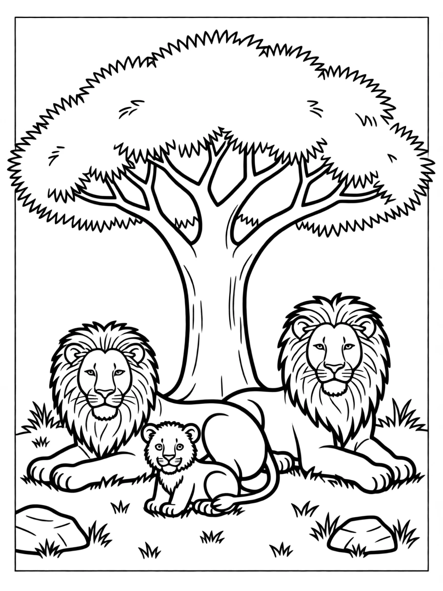 A pride of lions resting under a large acacia tree.