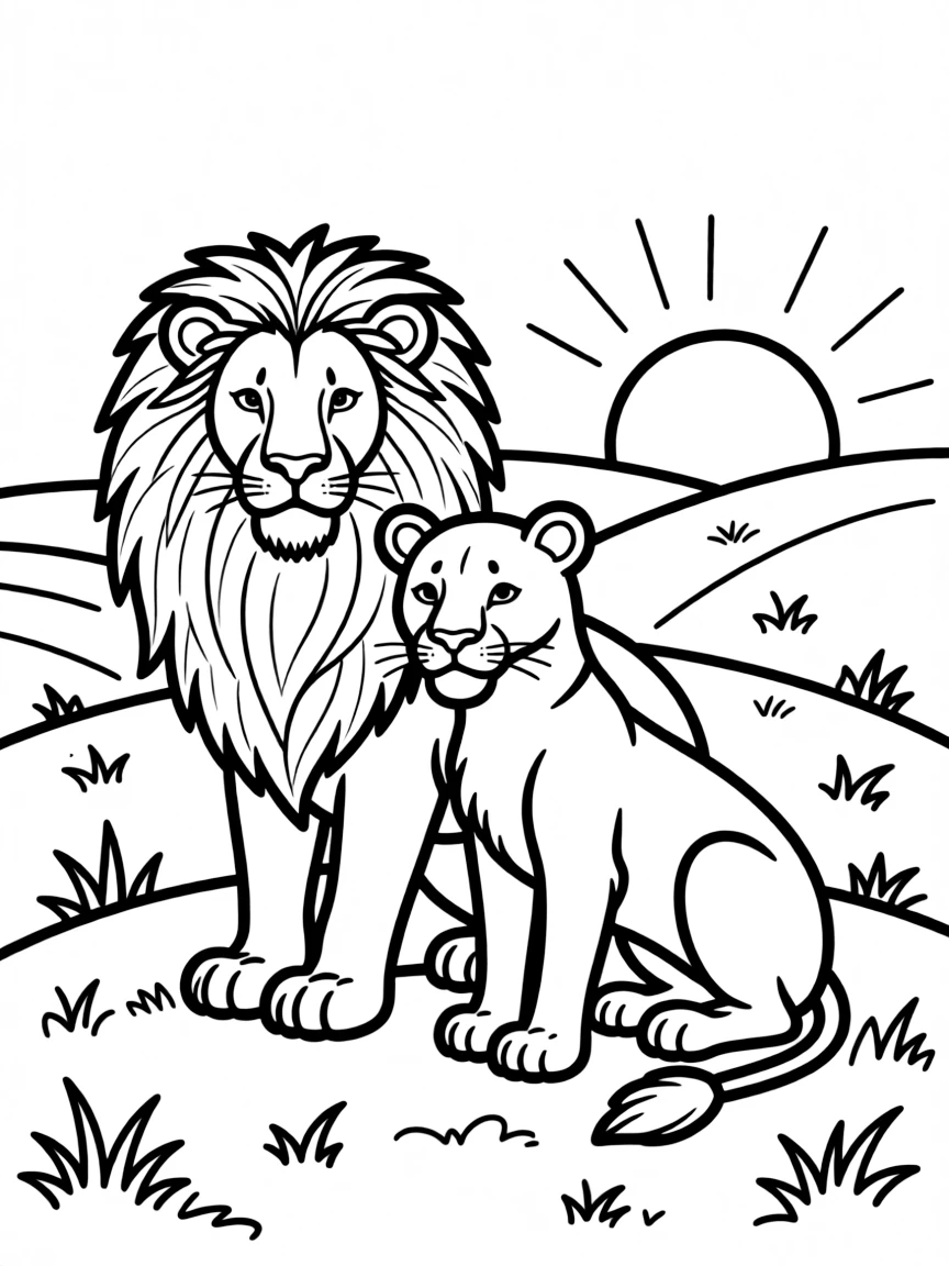 A lion and lioness sitting together at sunset.