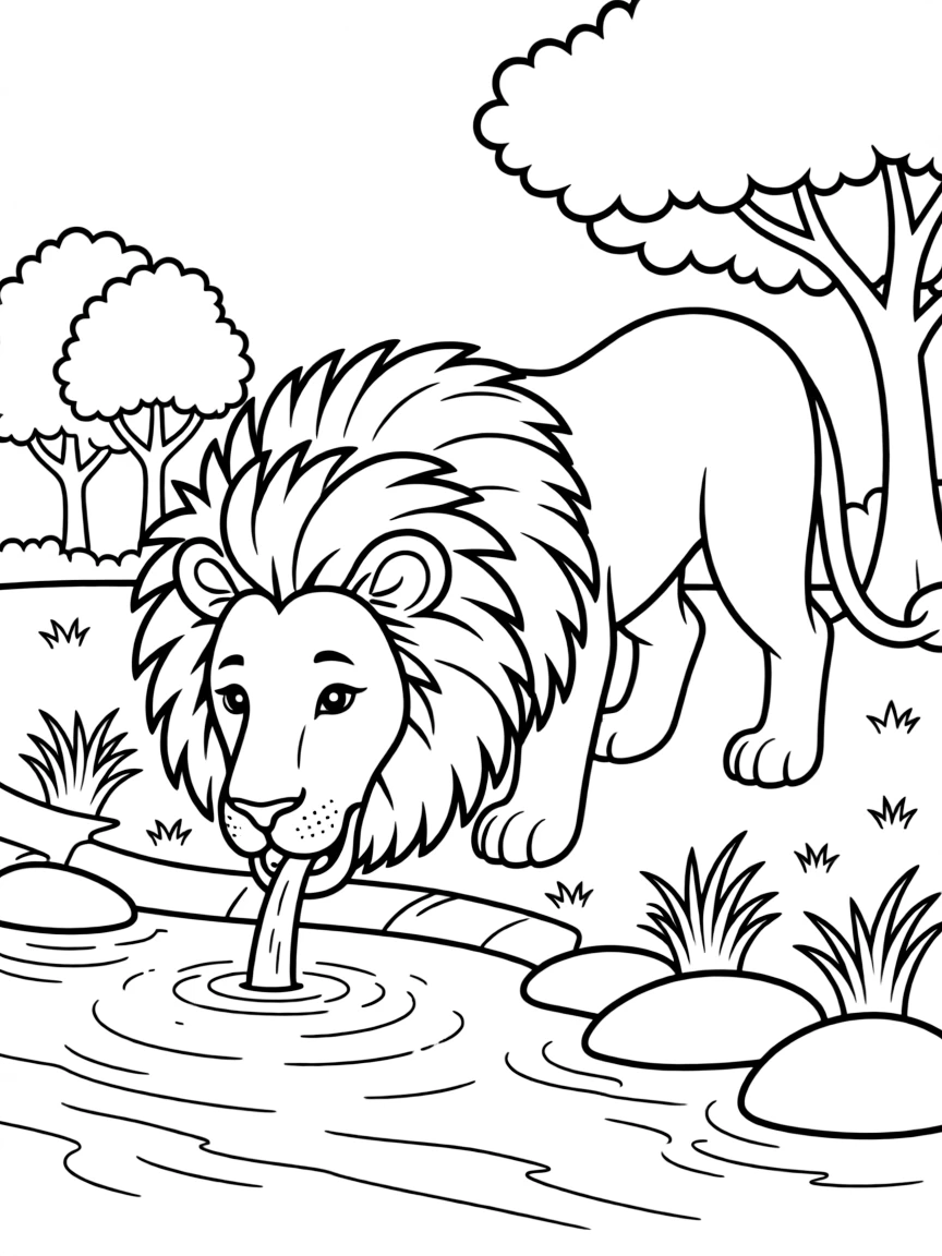 A lion drinking water from a river.