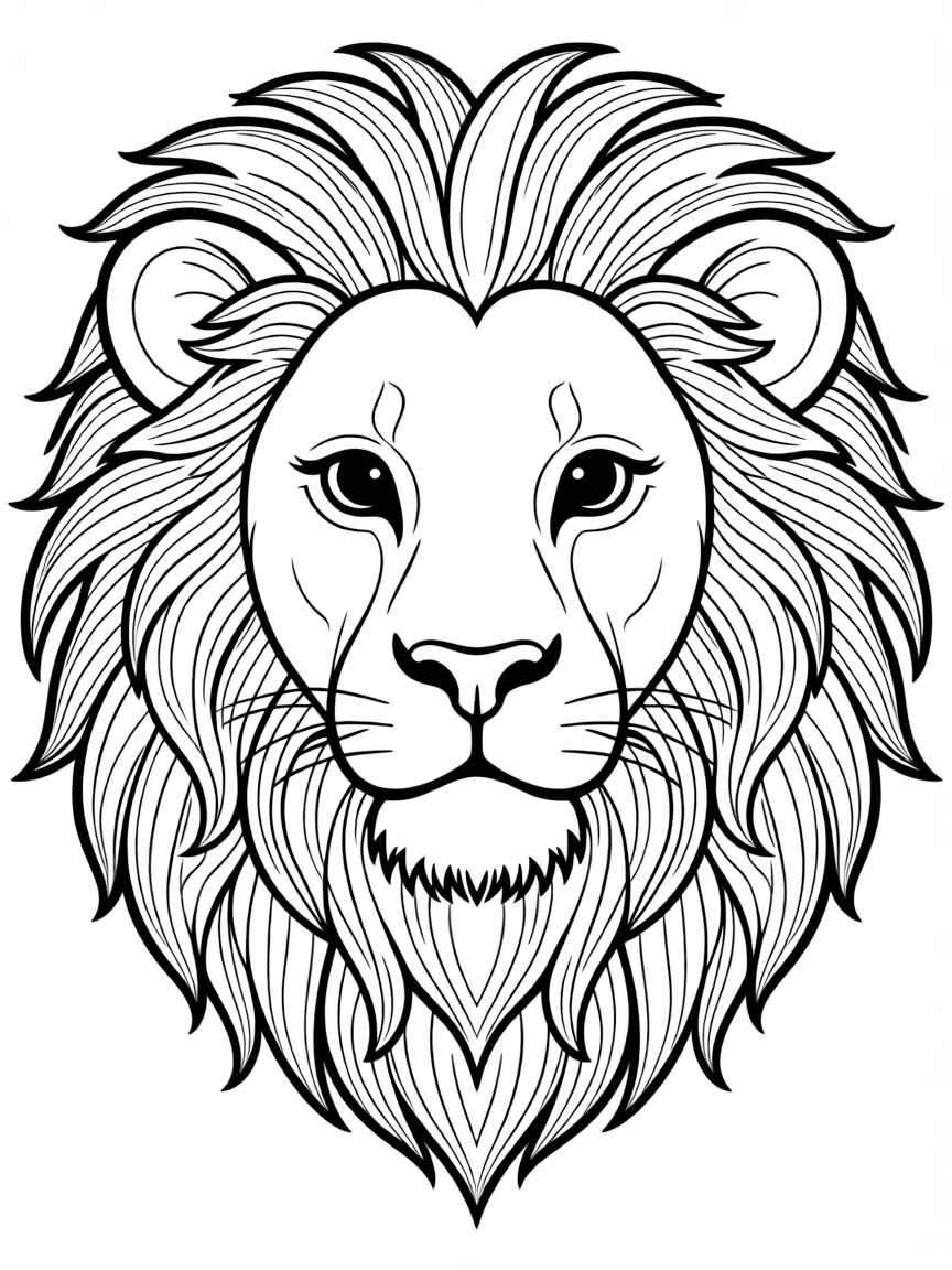 A lion’s face with intricate details in its mane.