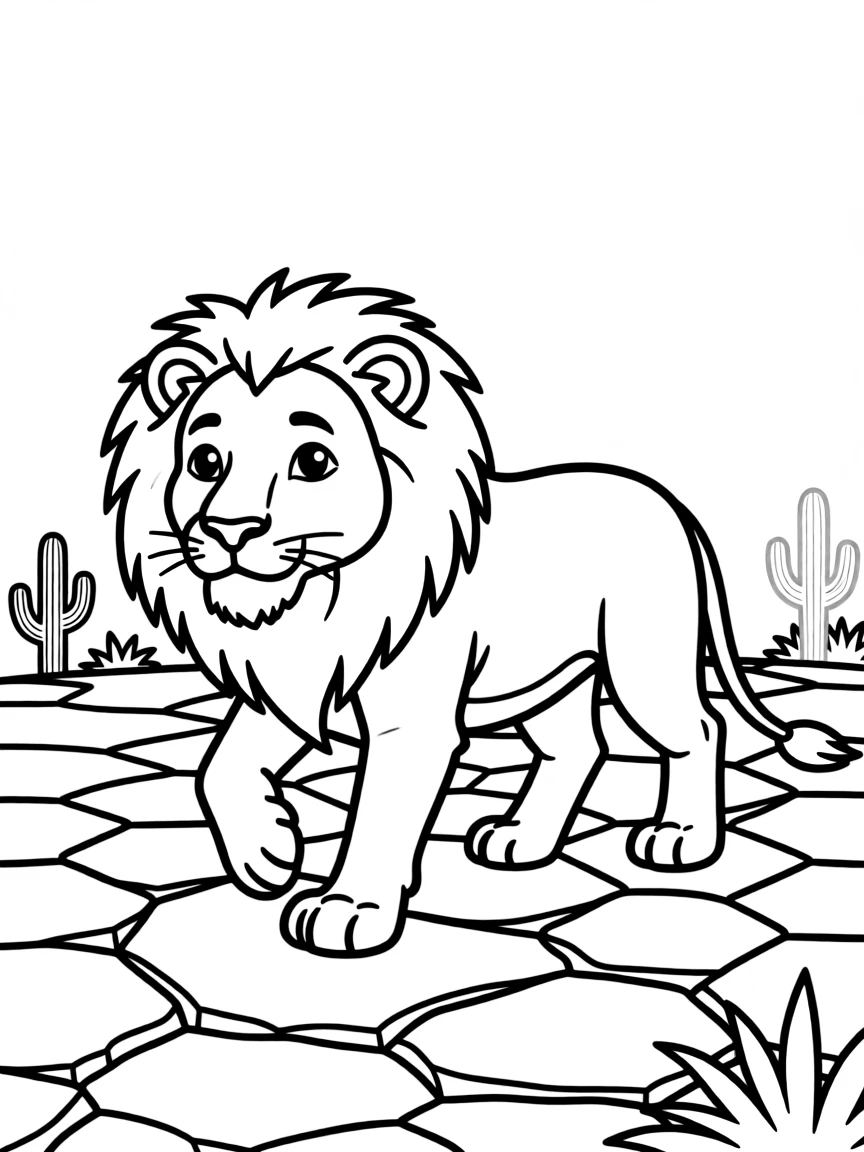 A lion walking through a dry, cracked desert.