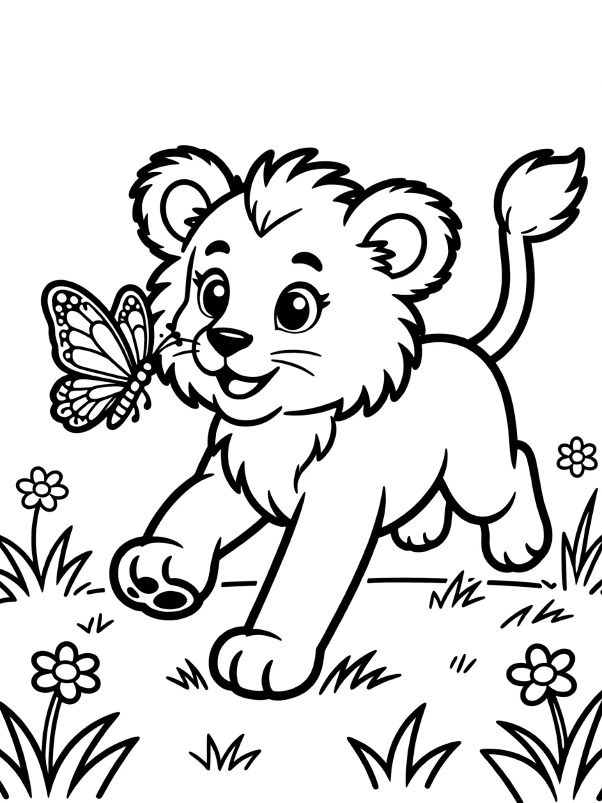 A lion cub chasing a butterfly.
