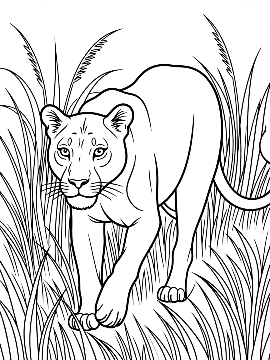 A lioness stalking prey in tall grass.