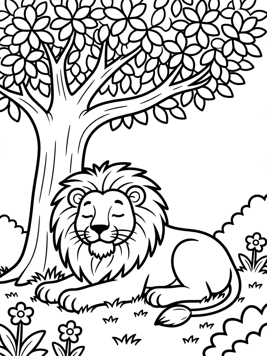 A lion resting in the shade of a tree.
