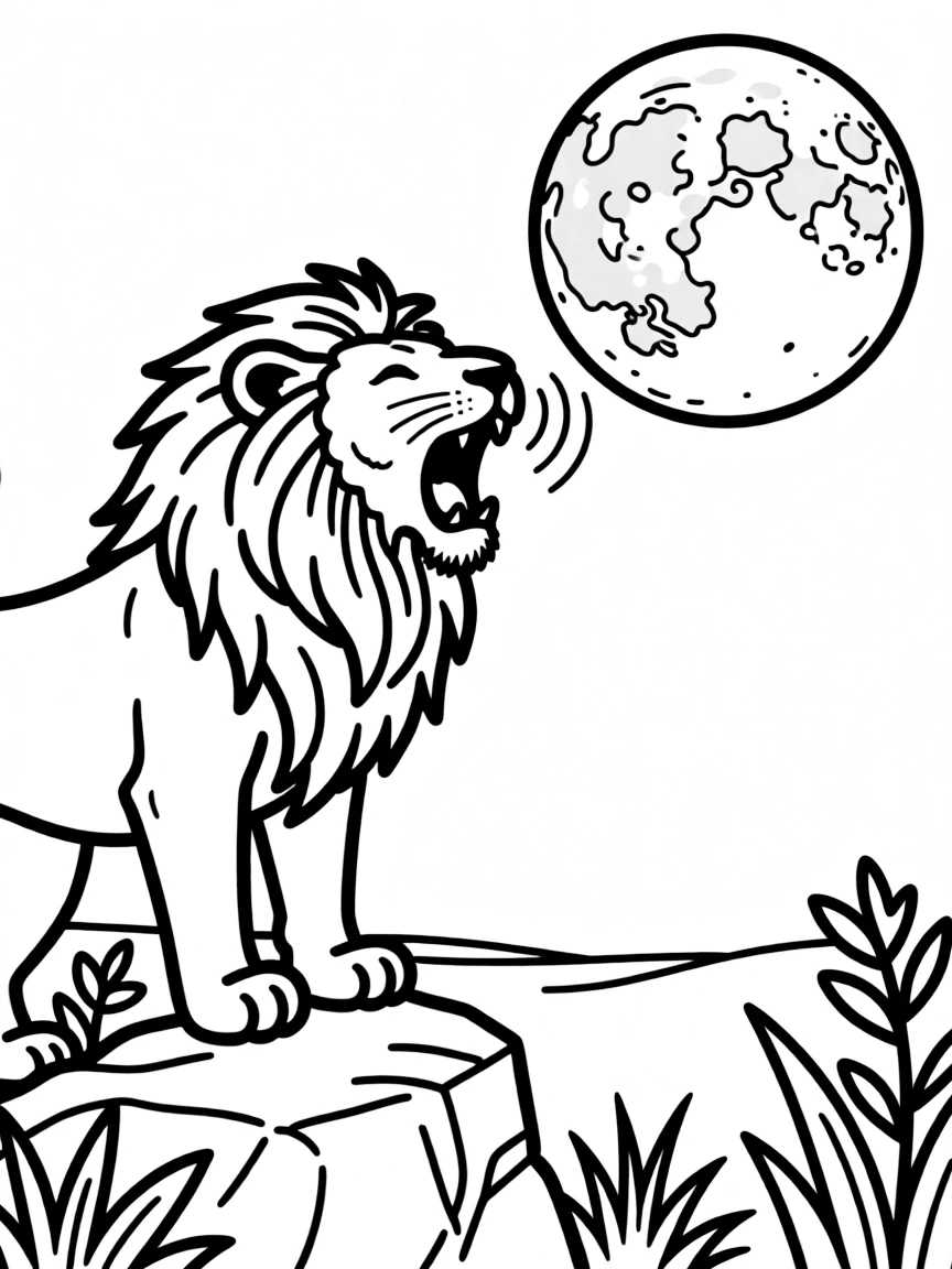 A lion roaring at the full moon.