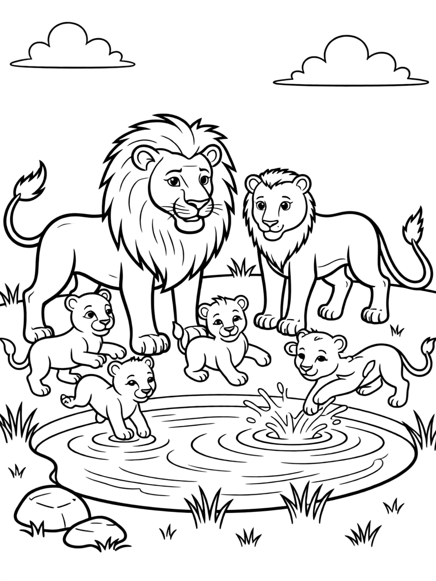 A lion family playing near a watering hole.