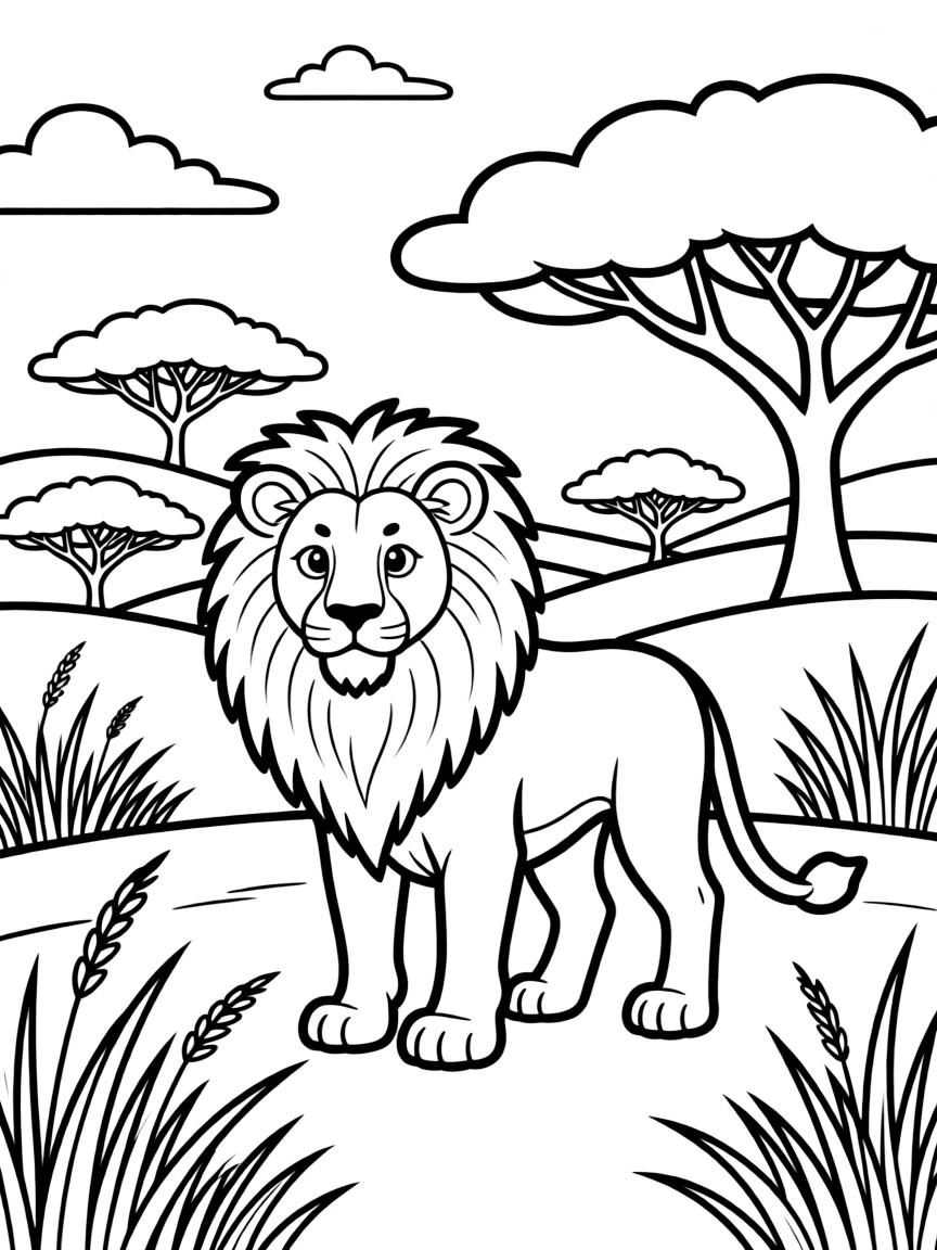 A lion with a detailed savannah background.