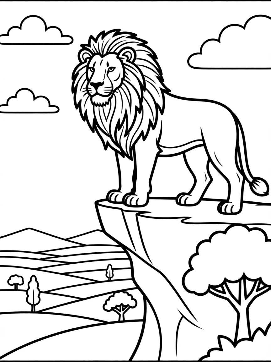 A lion standing on a cliff overlooking the plains.