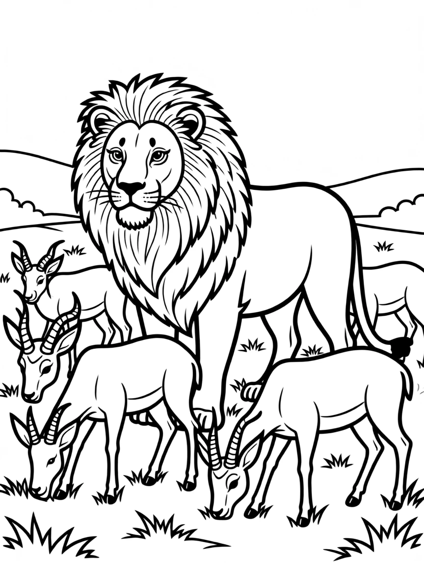 A lion surrounded by a herd of grazing antelopes.