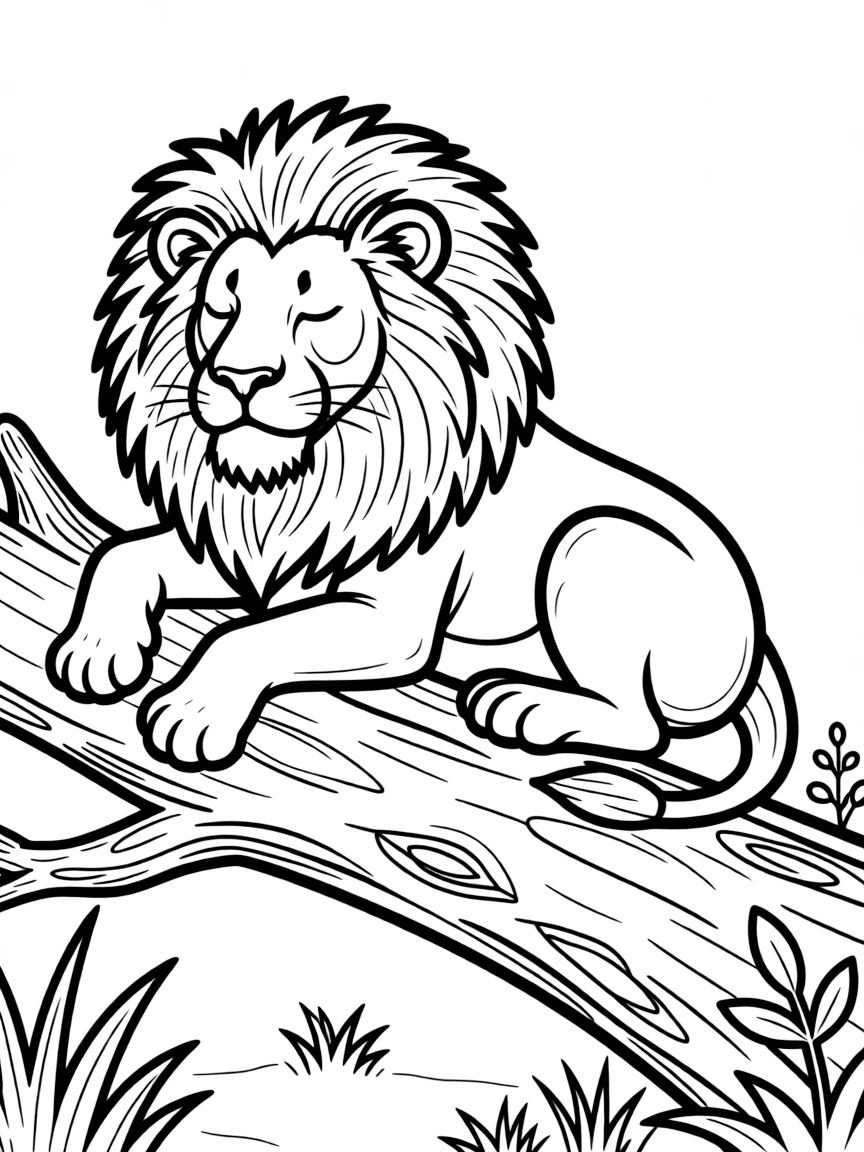 A lion resting on a fallen tree.