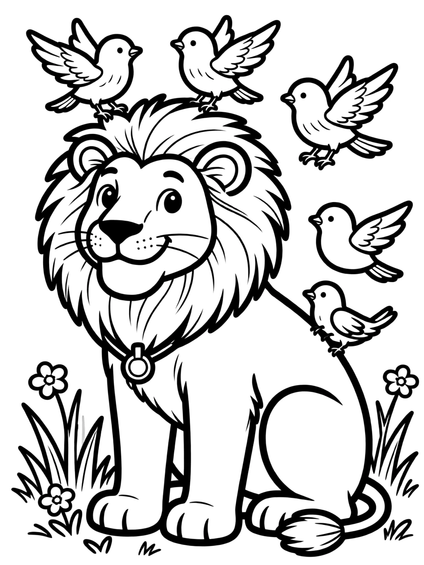 A lion with birds perched on its back.