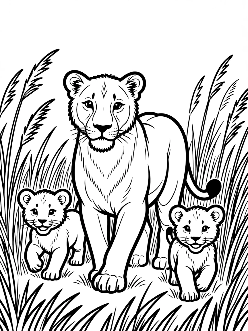A lioness leading her cubs through tall grass.