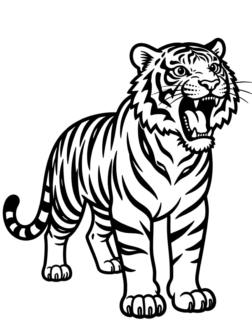 A roaring tiger with detailed stripes.