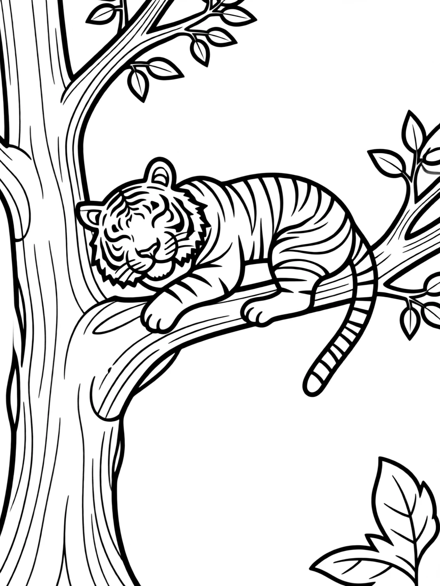 A tiger resting on a tree branch.