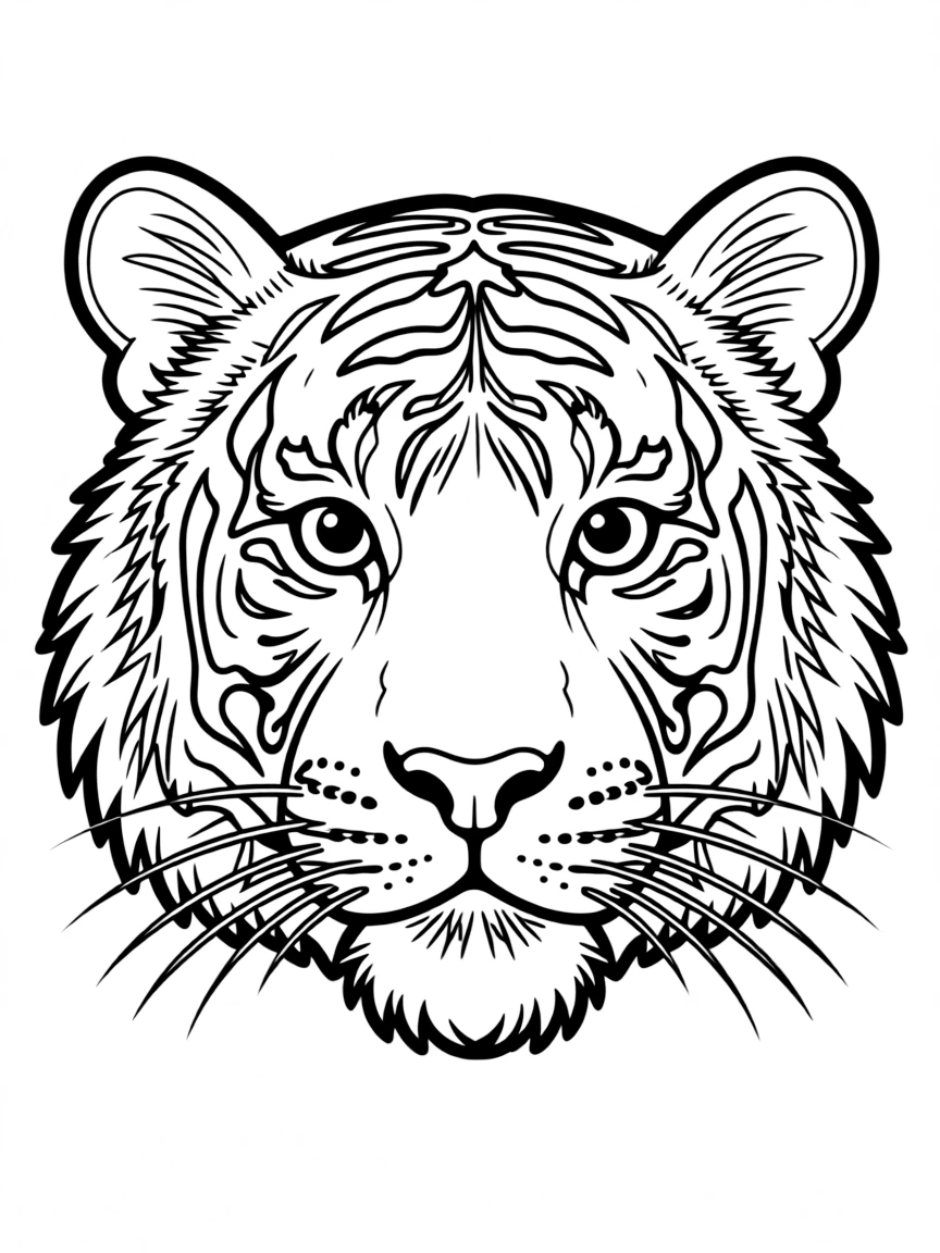A tiger’s face with intricate details in its fur.