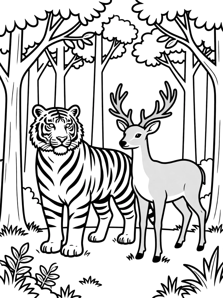 A tiger hunting a deer in the forest.