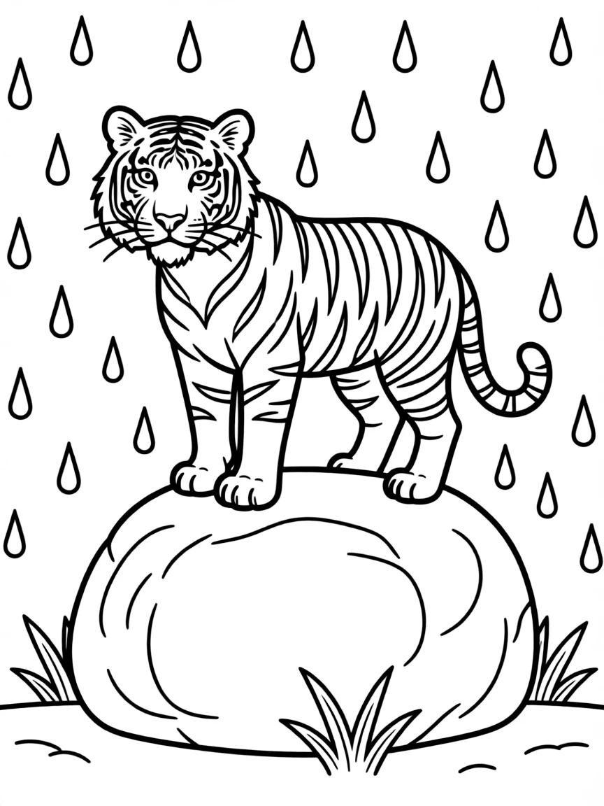 A tiger standing on a rock in the rain.