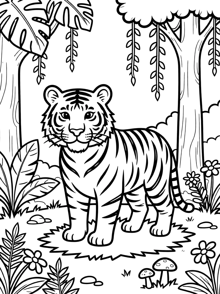 A tiger with a detailed jungle background.