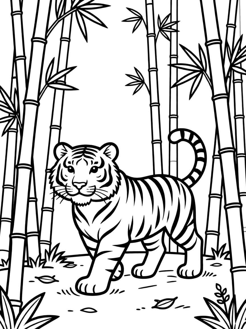 A tiger walking through a bamboo forest.