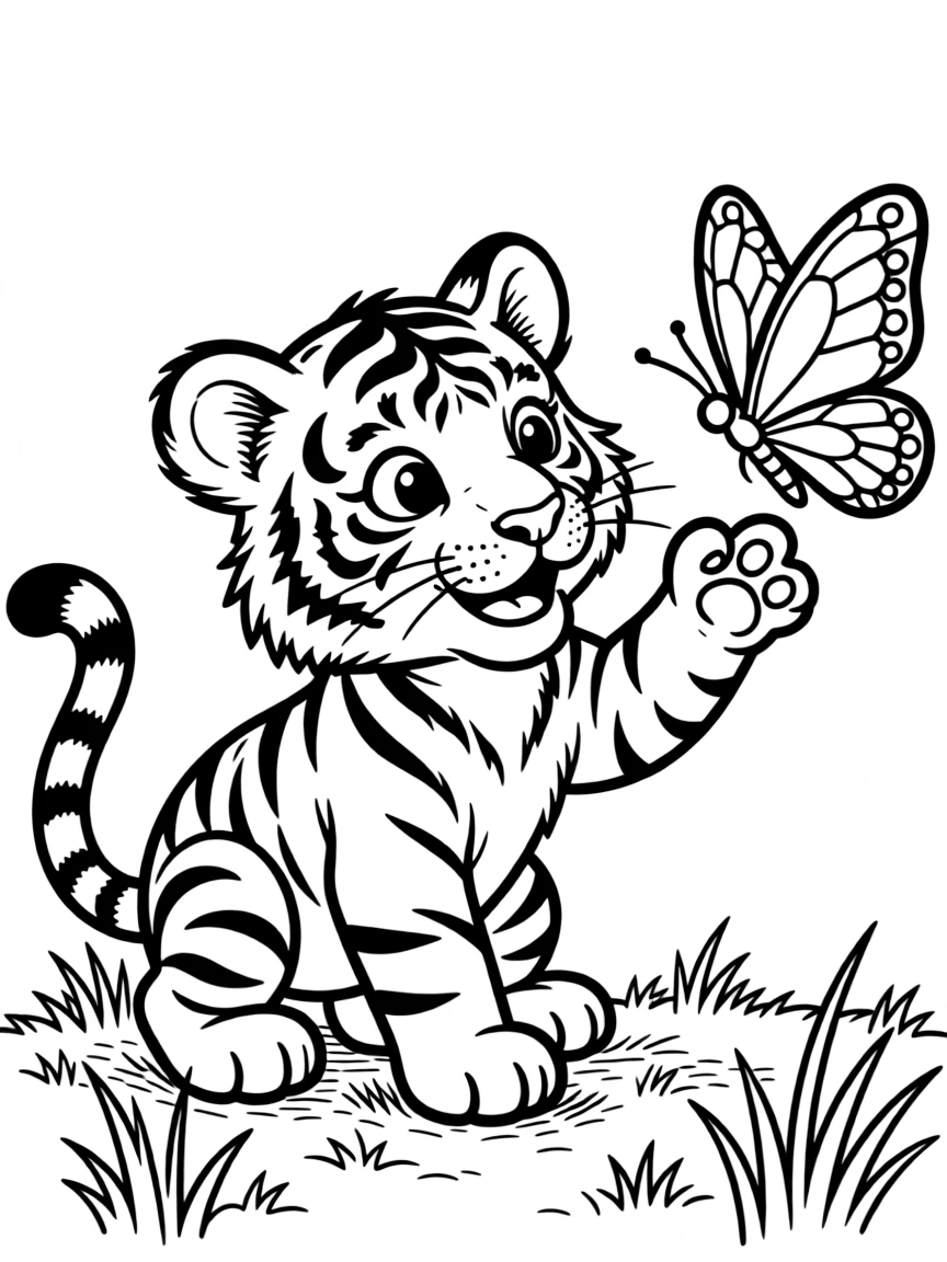 A tiger cub playing with a butterfly.