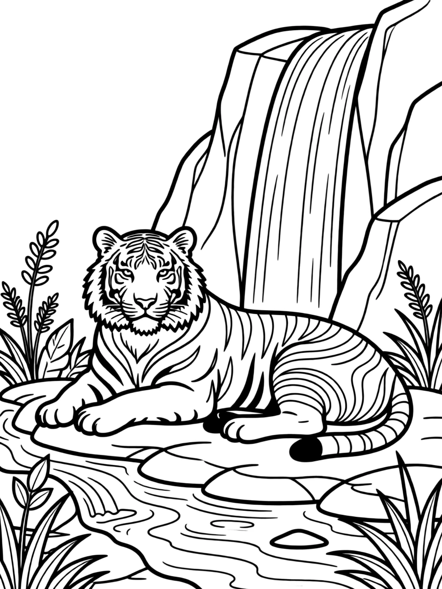 A tiger resting under a waterfall.