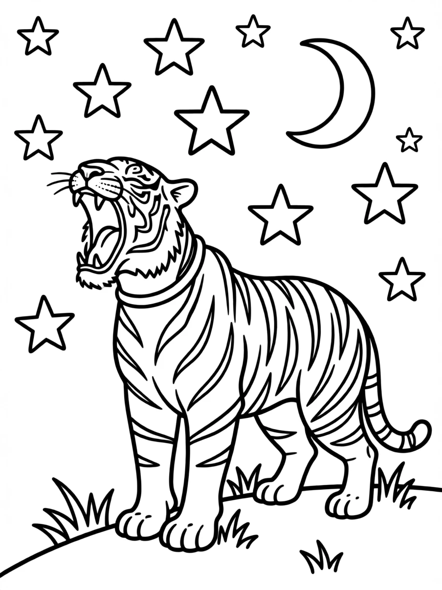 A tiger roaring at the night sky.