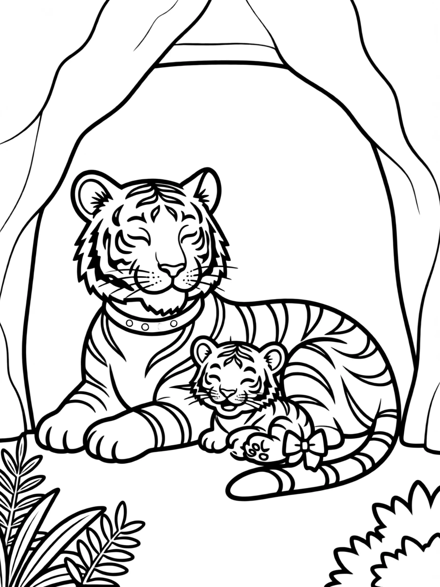 A tiger family resting in a cave.