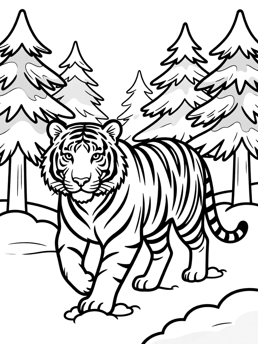 A tiger walking through a snowy forest.